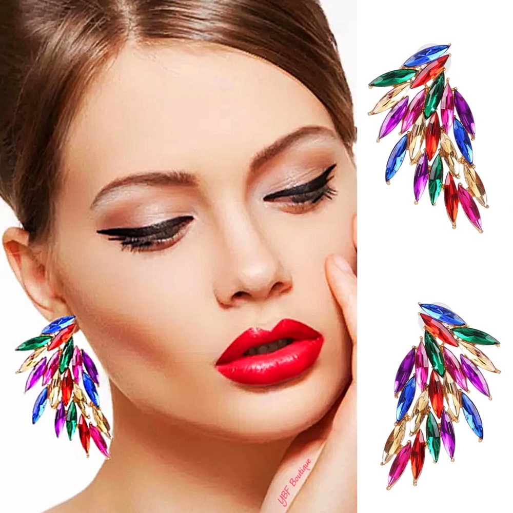 Blue & Purple Colorful Burnished Gold Rhinestone Post Wing Statement Earrings